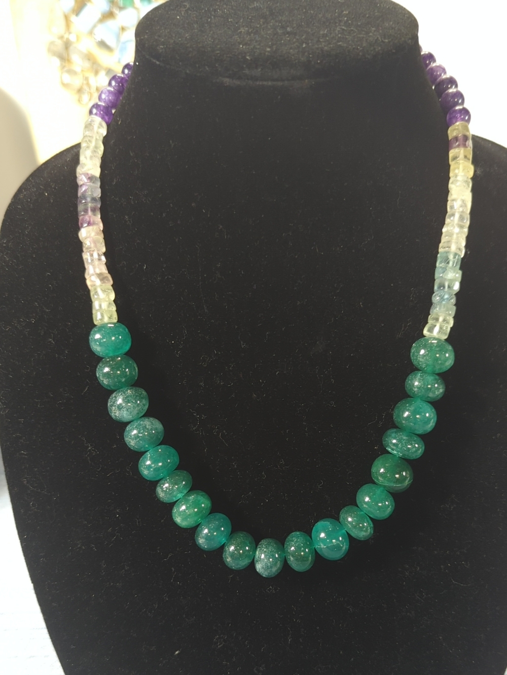 Emerald, UV Fluorite and Amethyst Beaded Necklace 20 Inch Long